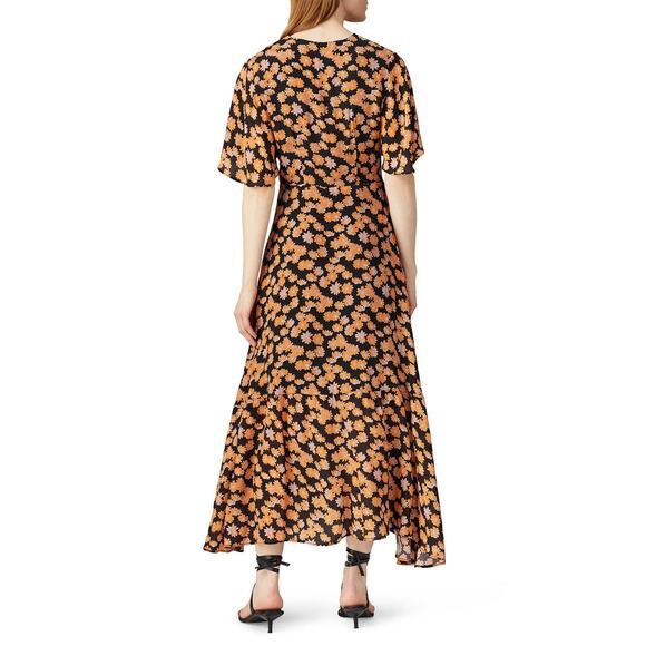 VEDA Dress Womens Medium Montana Orange Black Floral Printed Button Front Midi - Picture 2 of 13